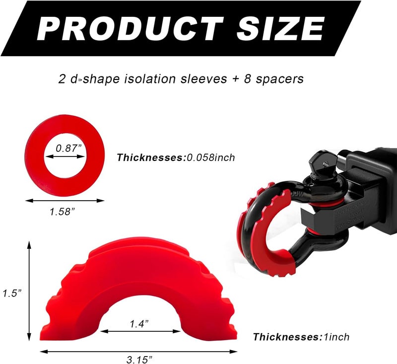 Wevdn D Ring Shackle Isolators Washers Kit, Rubber Shackle Isolators with Washers Fits Standard 3/4" Shackles, Soft Shackle Isolators Protect Shackle & Bumper Reduce Rattling (Red) - Image 2